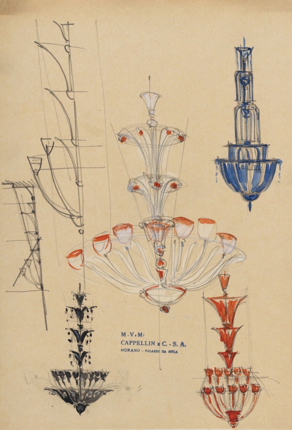 bozzetti di lampadari per la manifattura Cappellin, Murano - Carlo Scarpa 